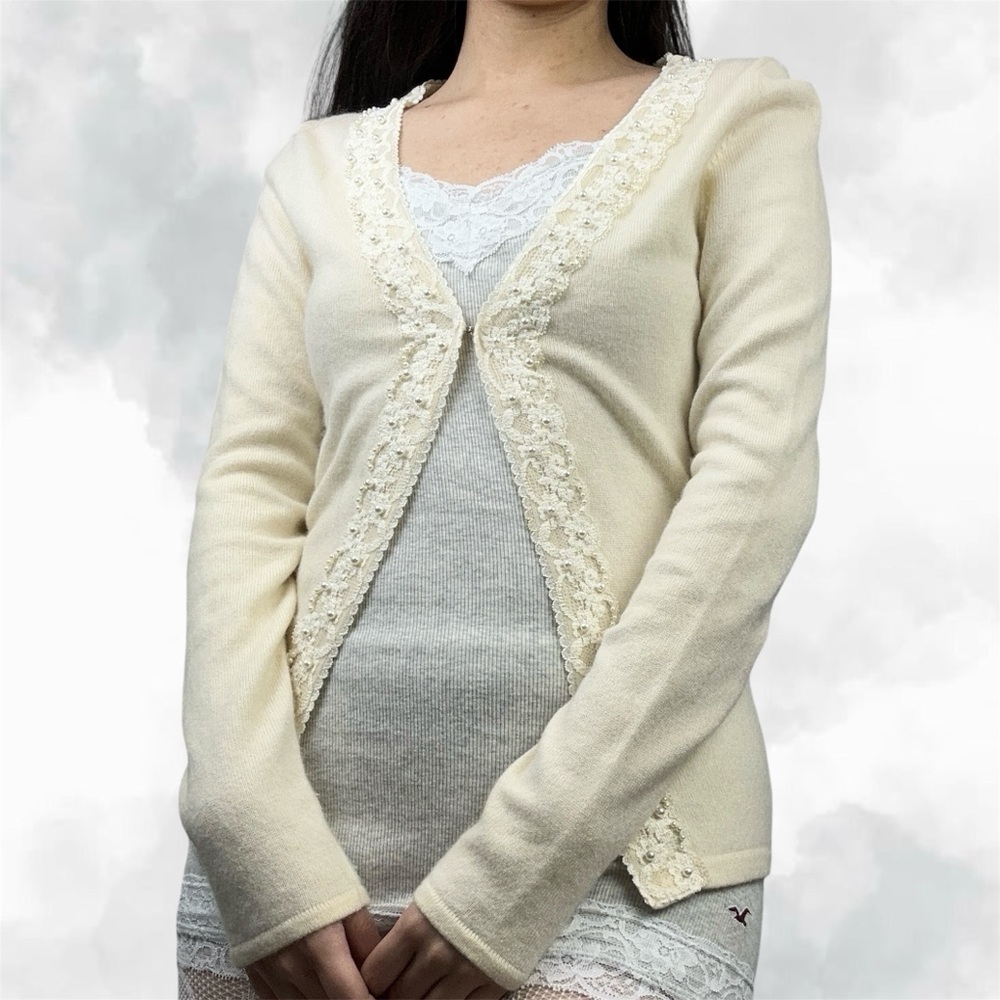 Barbie Elegant Pale Yellow Coquette Lace Faux Pearl Trim Women's Cardigan